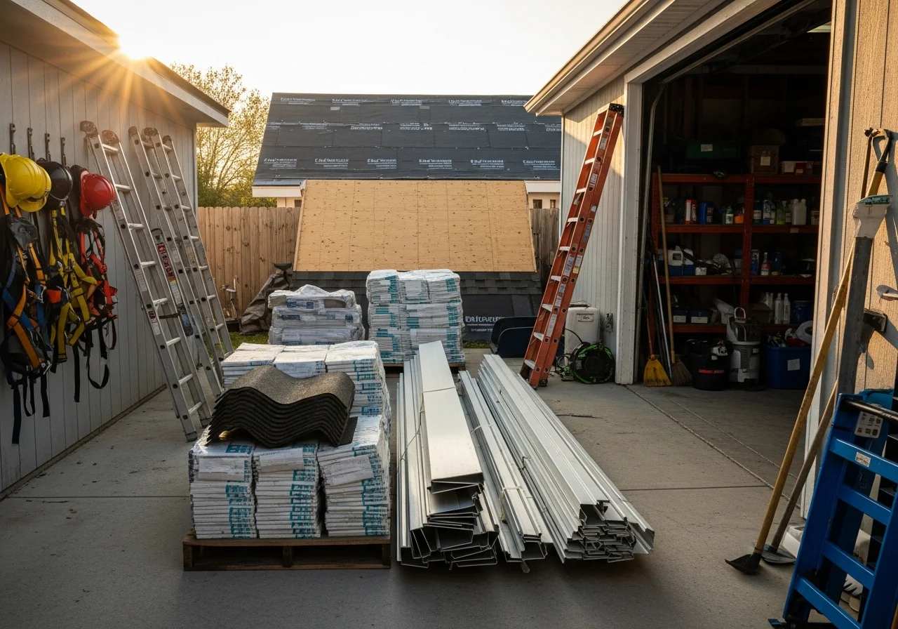 Exterior contractor crew with tools and equipment ready for residential roofing, gutter, and siding installation work.