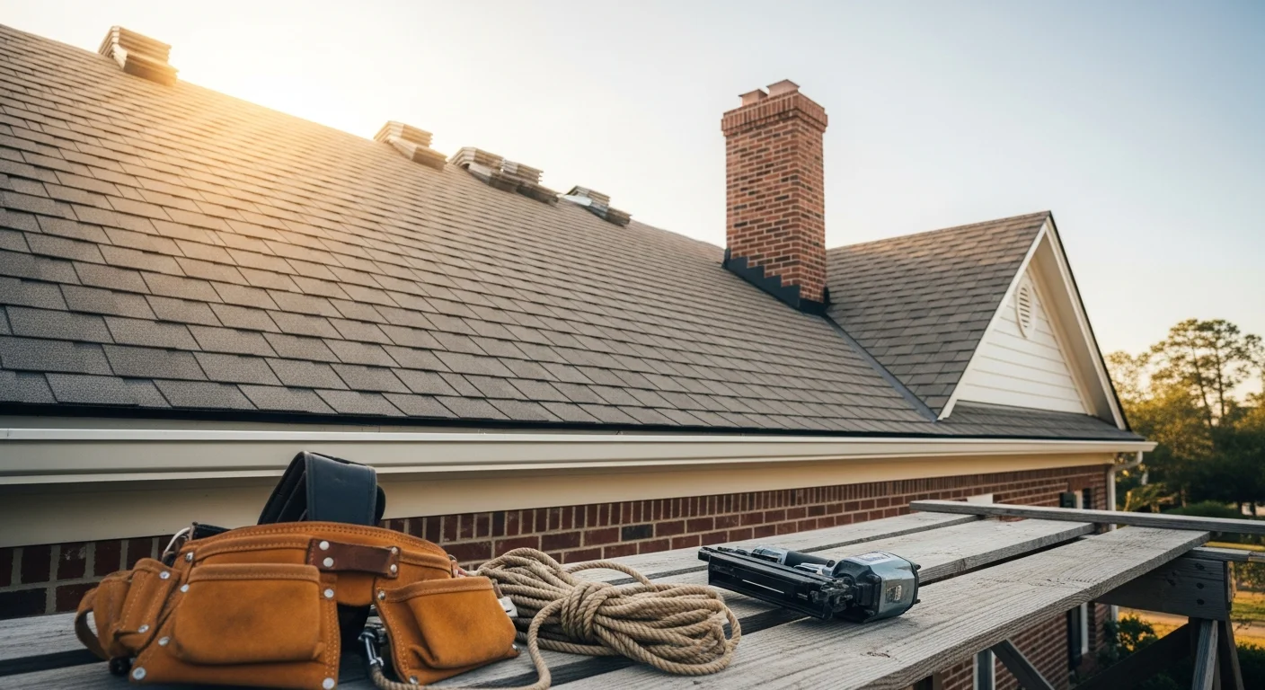 Professional roofer installing new roof shingles on residential home