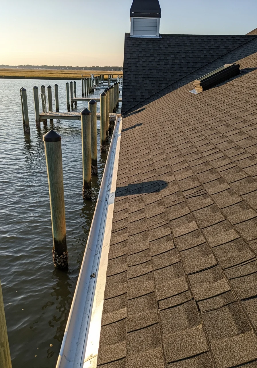 Poquoson homeowner standing on waterfront property with completed project and water view visible.