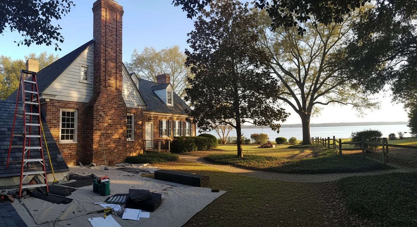 Historic Yorktown waterfront home with colonial architecture and mature landscaping overlooking the York River.
