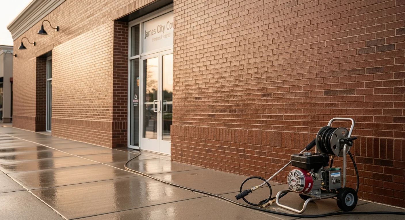 A commercial building exterior in Toano, VA being pressure washed by a TOPSTREAM technician, with clean concrete sidewalk visible in the foreground and grime being removed from the brick facade. Before-and-after contrast shows dark mold streaks on the left side and clean, restored surface on the right.