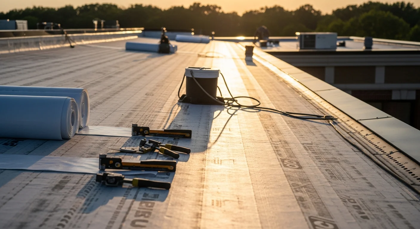 A flat commercial roof on a business property in Toano, Virginia showing a recently completed membrane installation with clean seams and proper edge flashing. The building sits along a commercial stretch in James City County under a partly cloudy Virginia sky.
