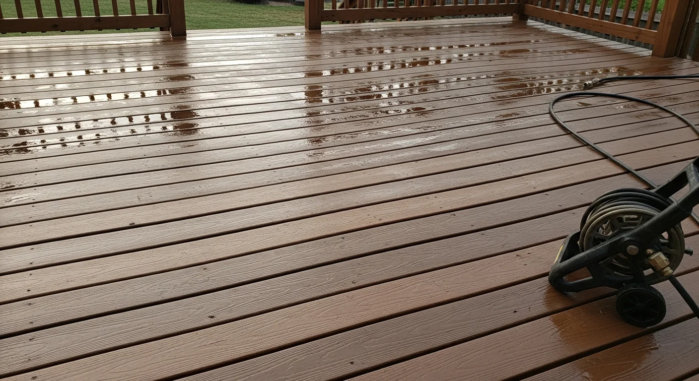A wood deck in Toano, VA shown after professional pressure washing, with dark mold and algae stains removed and the board grain clearly visible. The cleaned surface contrasts against surrounding green yard vegetation typical of James City County properties.