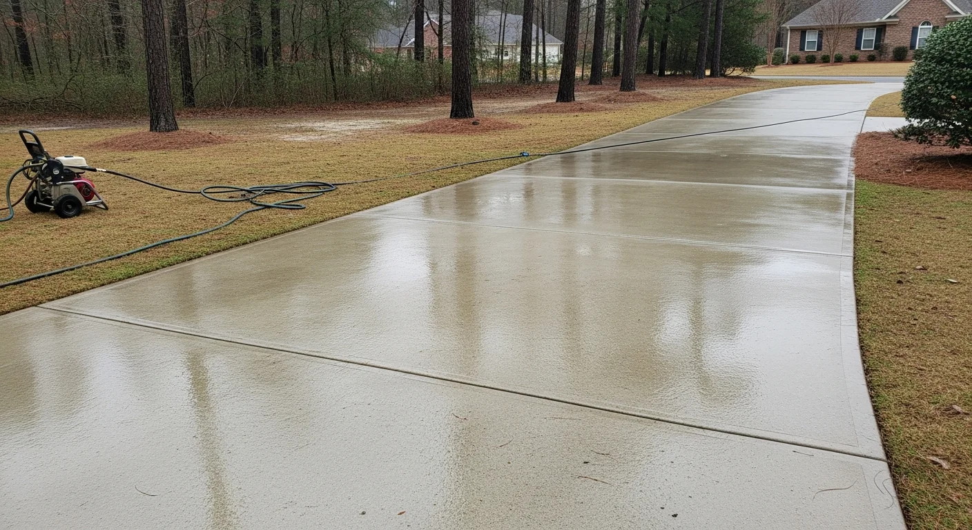 A concrete driveway in Toano, VA shown after professional pressure washing, with algae and dark staining fully removed from the surface. The cleaned driveway runs alongside a tree-lined residential property in James City County.