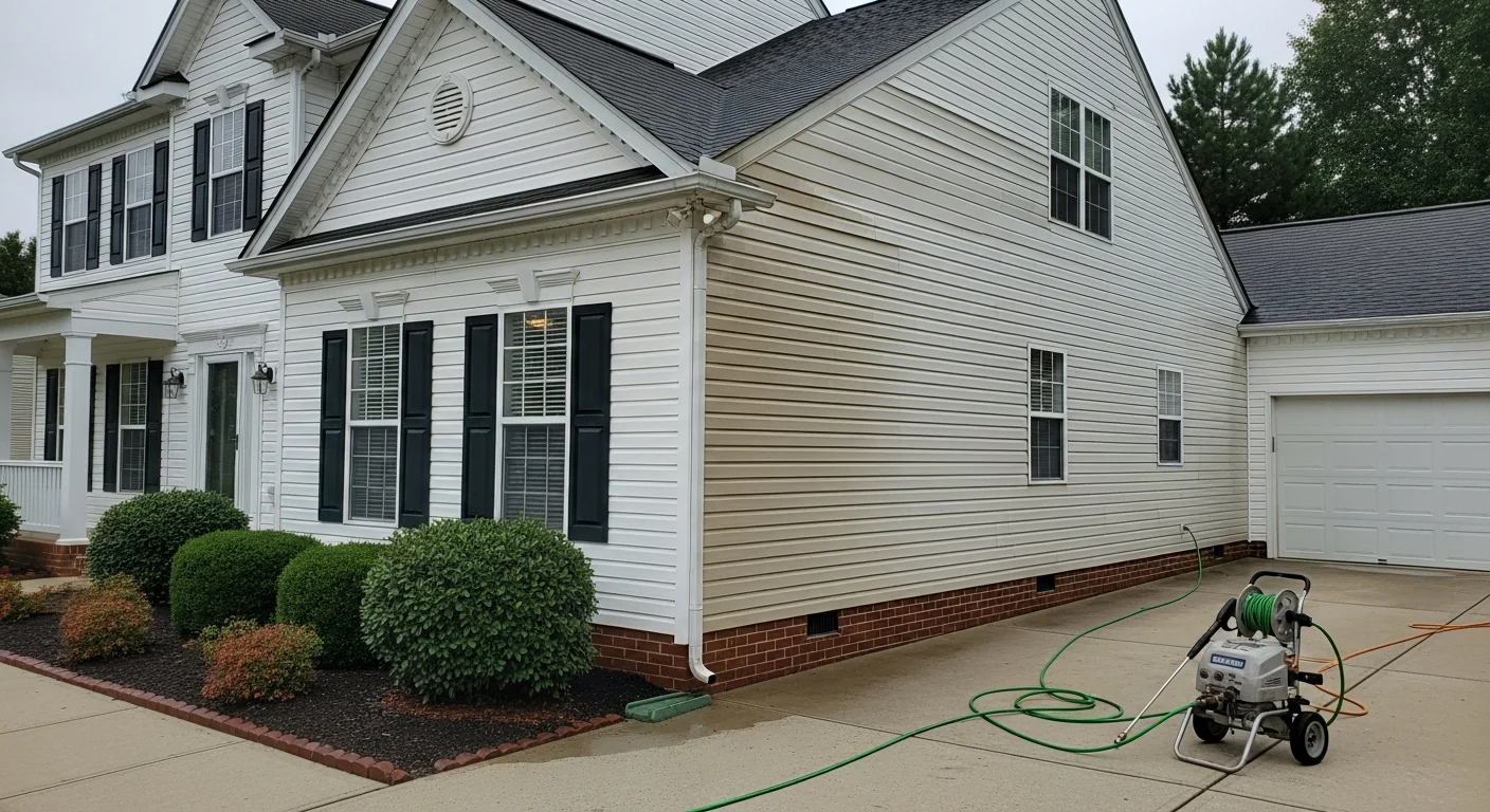 A Toano, Virginia single-family home with freshly cleaned vinyl siding, showing the contrast between a dirty section and a cleaned section during exterior house washing. A pressure washing technician works along the front facade on a clear day.