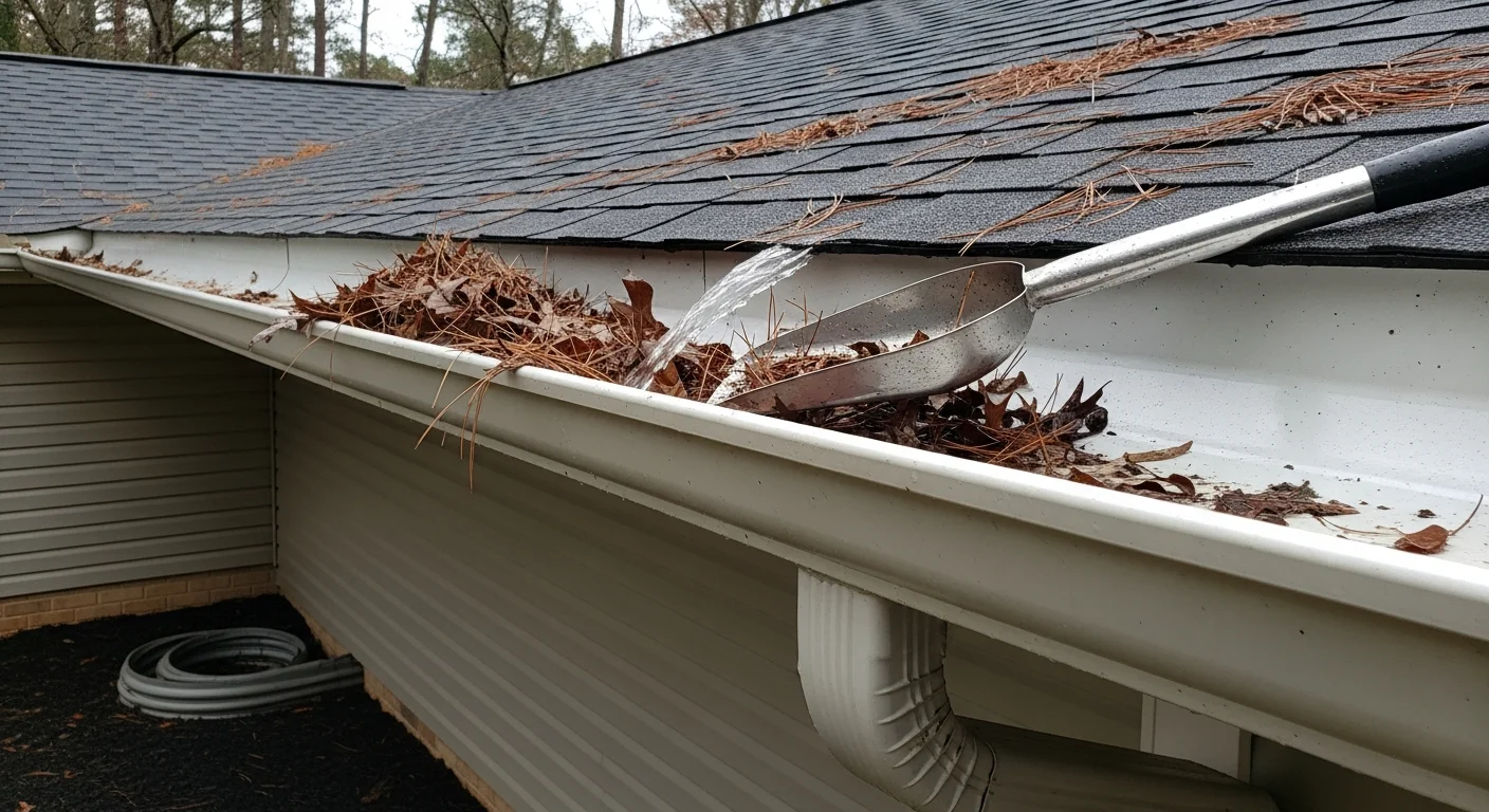 A TOPSTREAM technician removing packed leaves and pine needles from a residential gutter on a single-family home in Toano, VA. The cleaned gutter channel shows clear downspout flow with no debris blockage remaining.
