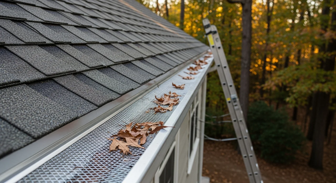 Gutter guard installed along the roofline of a single-family home in Toano, VA, with leaf debris resting on top of the guard while the trough below remains clear. James City County wooded lot visible in the background.