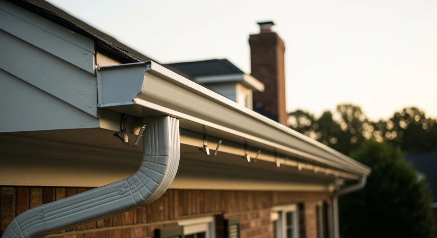 Newly installed seamless gutters running along the roofline of a single-family home in Toano, Virginia. Downspouts extend to ground level, directing water away from the foundation on a wooded residential lot.