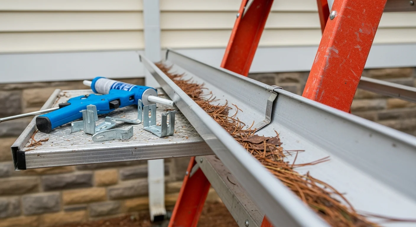 A TOPSTREAM technician repairing a separated gutter joint on a single-family home in Toano, VA. The repaired section shows clean alignment along the roofline with a downspout directed away from the home's foundation.
