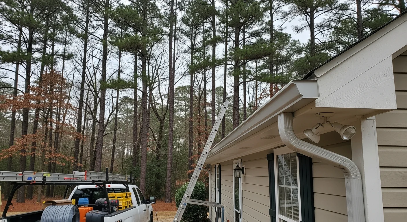New gutters installed along the roofline of a single-family home in Toano, VA, with downspouts positioned to direct water away from the foundation. The surrounding lot shows mature trees typical of James City County properties.