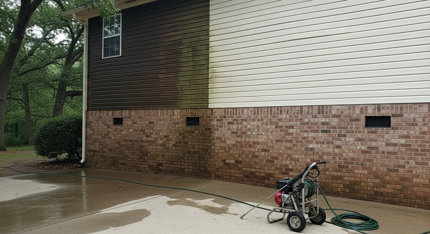 A Toano, VA home exterior showing clean siding and a freshly pressure washed concrete driveway after professional cleaning. Algae and dark staining have been removed from the surface, restoring a uniform appearance to the property.