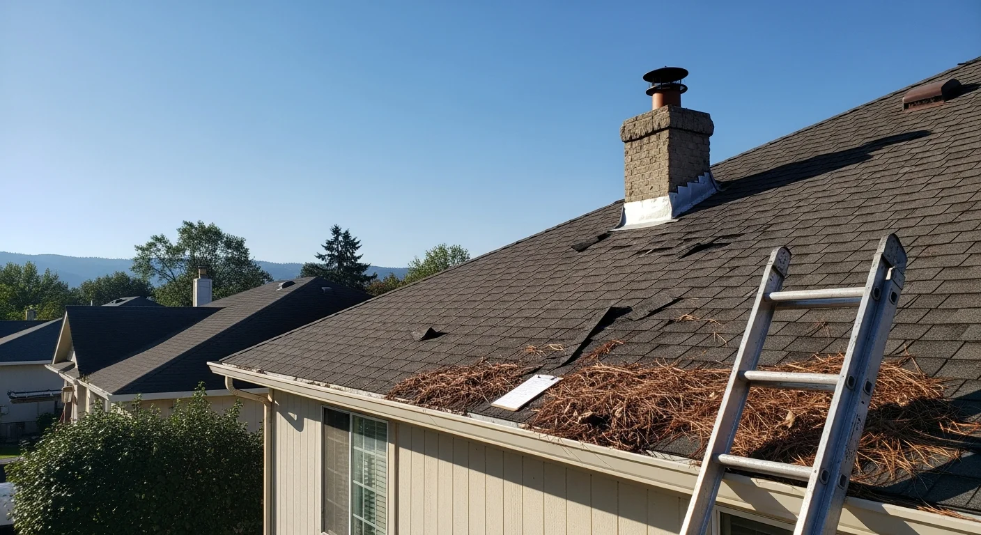 A TOPSTREAM roofing contractor inspecting the shingles and flashing on a residential roof in Toano, Virginia. The inspector documents findings on a sloped roof with a James City County neighborhood visible in the background.