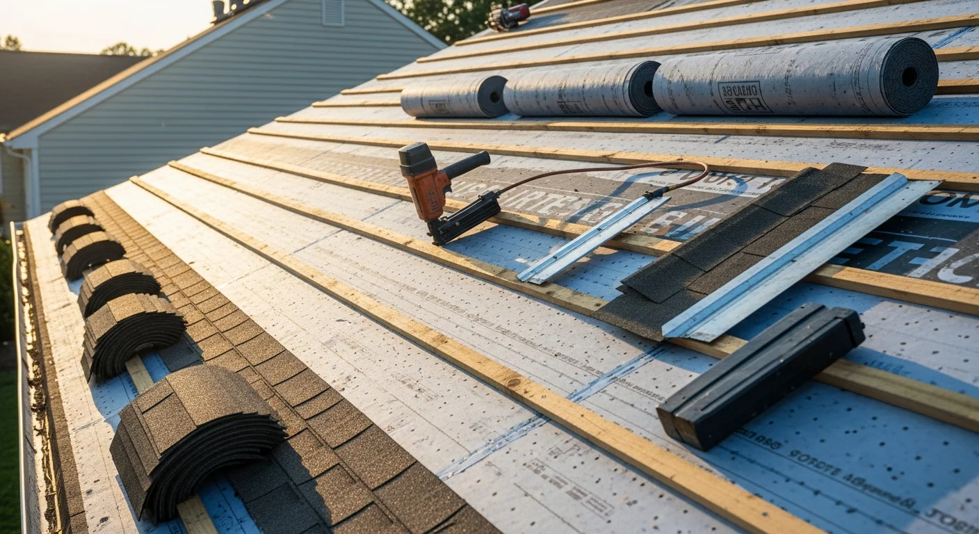A newly installed residential roof on a single-family home in Toano, Virginia, showing clean roof lines, uniform covering, and finished ridge detail. The surrounding landscape reflects the rural residential character of James City County.