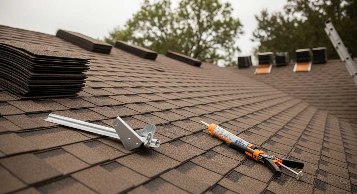 A TOPSTREAM roofing contractor repairing damaged shingles on a residential home in Toano, VA. Close-up view shows replaced shingles and sealed flashing on a pitched roof with tree coverage typical of James City County neighborhoods.