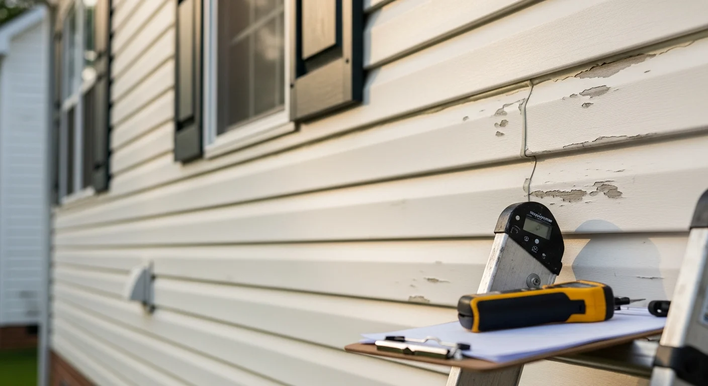 A TOPSTREAM contractor inspecting the siding panels and trim on a residential home in Toano, VA. The inspector examines seams and flashing along the exterior wall for signs of cracking, moisture damage, or loose fasteners.