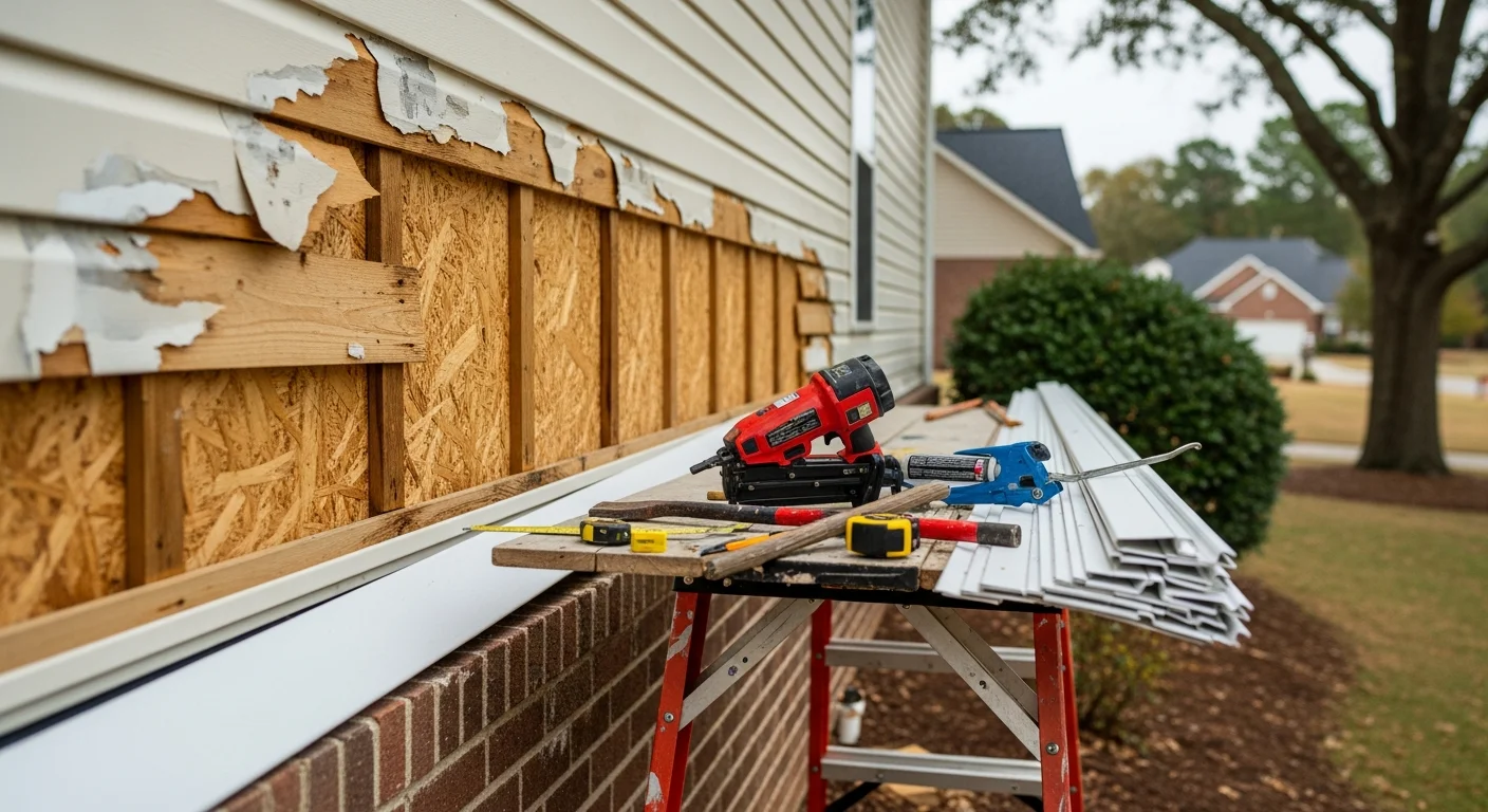 A TOPSTREAM crew member repairing damaged exterior siding panels on a single-family home in Toano, Virginia. Close-up view shows freshly installed siding sections matched to the surrounding exterior wall along a James City County residential street.